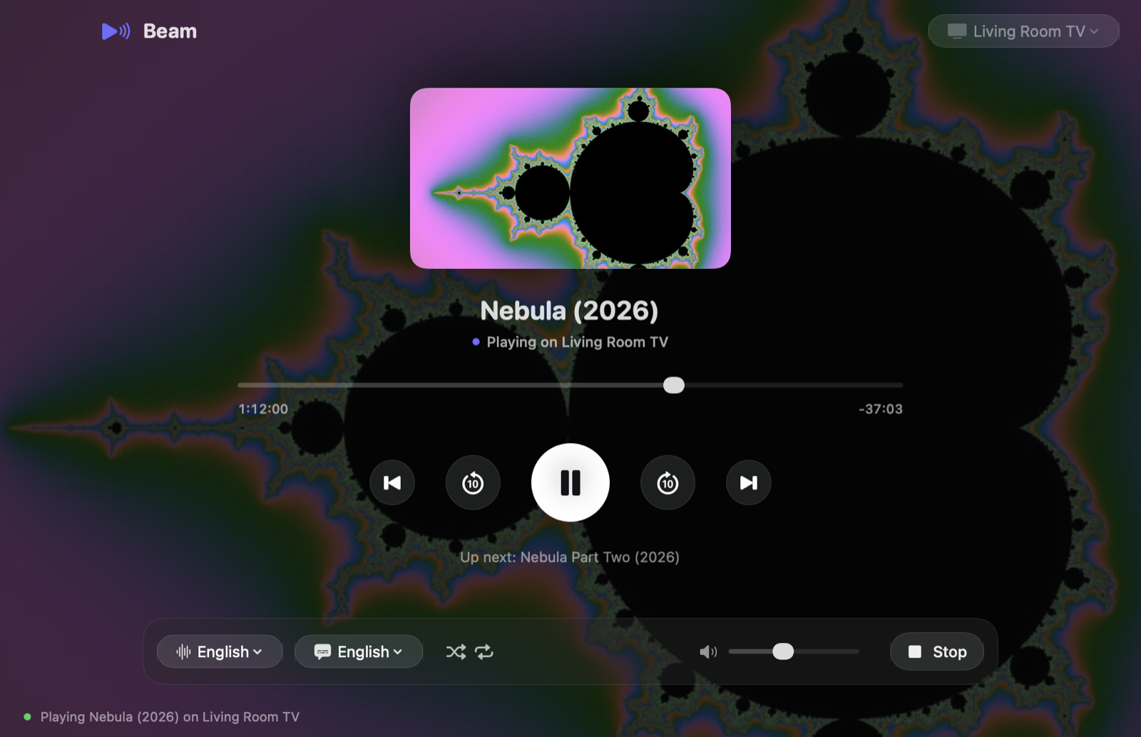 Beam Mac app casting a movie to a Chromecast TV, with play, pause, seek, subtitle and volume controls